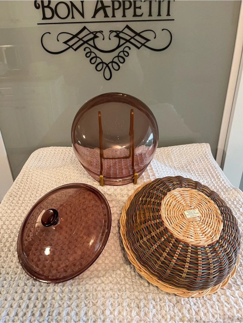 Vintage Pyrex Amber Glass Covered Casserole  with Woven Basket 409